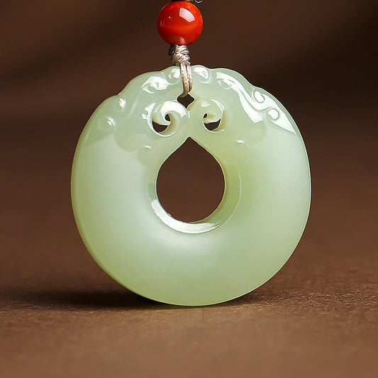 Pale Cyan Hetian Jade Double Dragon Safety Buckle Pendant, Unisex Holiday Gift Jade Ornament