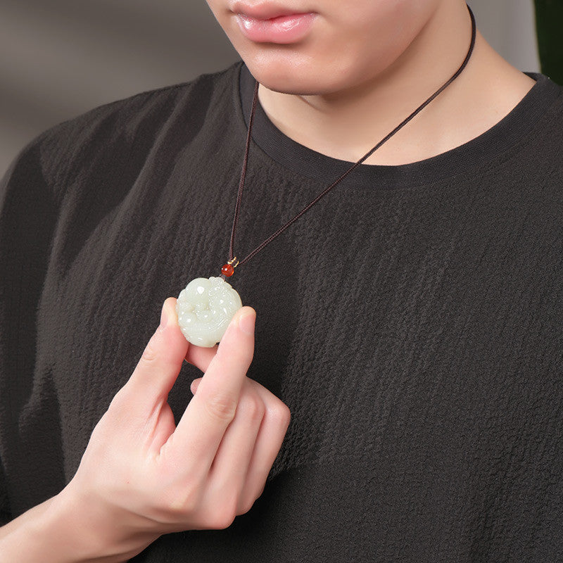 Pale Cyan Hetian Jade Double-sided Carved Pixiu Pendant, Unisex Fortune Beast Jade Charm
