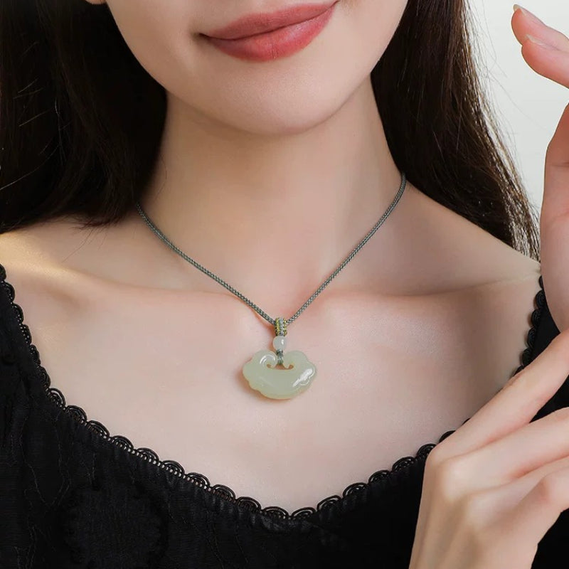Hetian jade pendant, auspicious symbol, peace lock, jade pendant necklace, braided cord, unisex.
