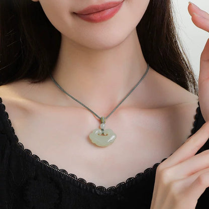 Hetian jade pendant, auspicious symbol, peace lock, jade pendant necklace, braided cord, unisex.