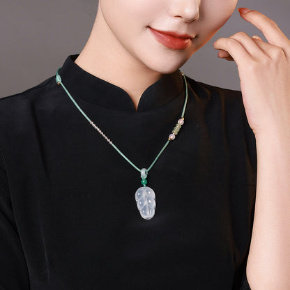 High Icy Chalcedony Leaf Pendant, Golden Branch & Jade Leaf Women Ornament, Holiday Gift
