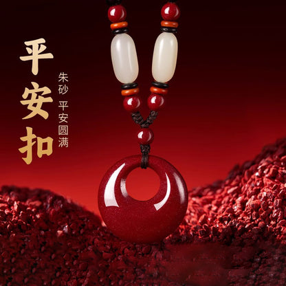 Cinnabar & Hetian Jade Peace Buckle Necklace for Women, Auspicious Pendant, Lucky Gift for Zodiac Year