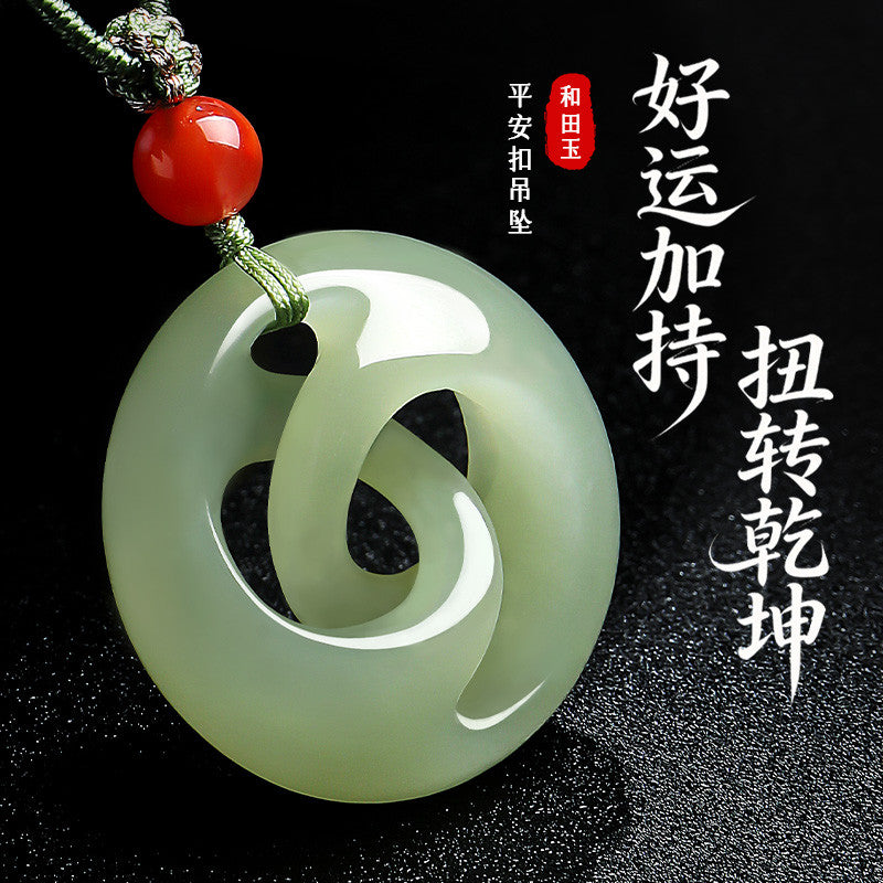 Pale Green Hetian Jade Rotatable Safety Buckle Pendant, Unisex Couple Jade Charm for Good Luck, Holiday Gift with Certificate & Collectible Value