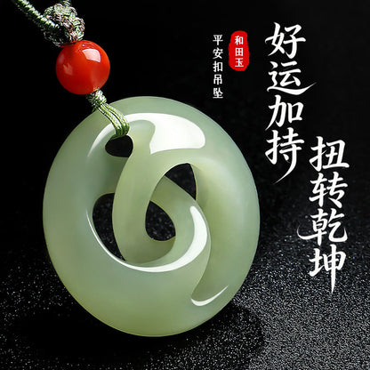 Pale Green Hetian Jade Rotatable Safety Buckle Pendant, Unisex Couple Jade Charm for Good Luck, Holiday Gift with Certificate & Collectible Value