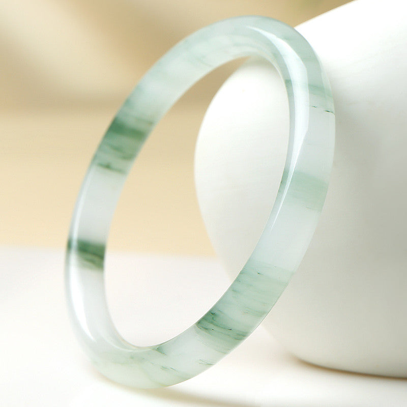 Icy Green Floating Strip Quartzite Bangle, Tianshan Cui Round Bar Jade Bracelet