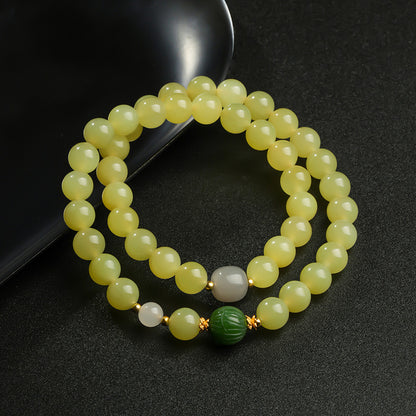 Glossy Hetian Yellow Jade Round Beads Multi-Gem Double-Layer Bracelet, Warm Tone Jewelry for Autumn & Winter