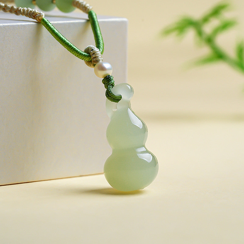 White & Lake Green Hetian Jade Small Gourd Pendant, Fortune Blessing Jade Charm