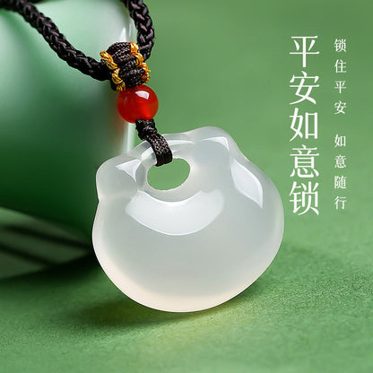 Icy Chalcedony Ruyi Lock Pendant, Peace Charm, Gift for Mom & Girlfriend