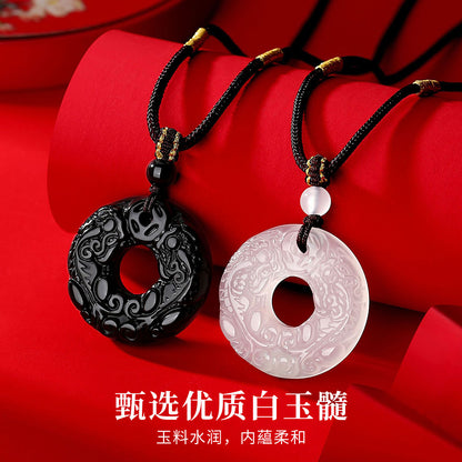 Black Agate & White Chalcedony Pixiu Safety Buckle Couple Clavicle Chain, Chinese Style Minimalist Jewelry
