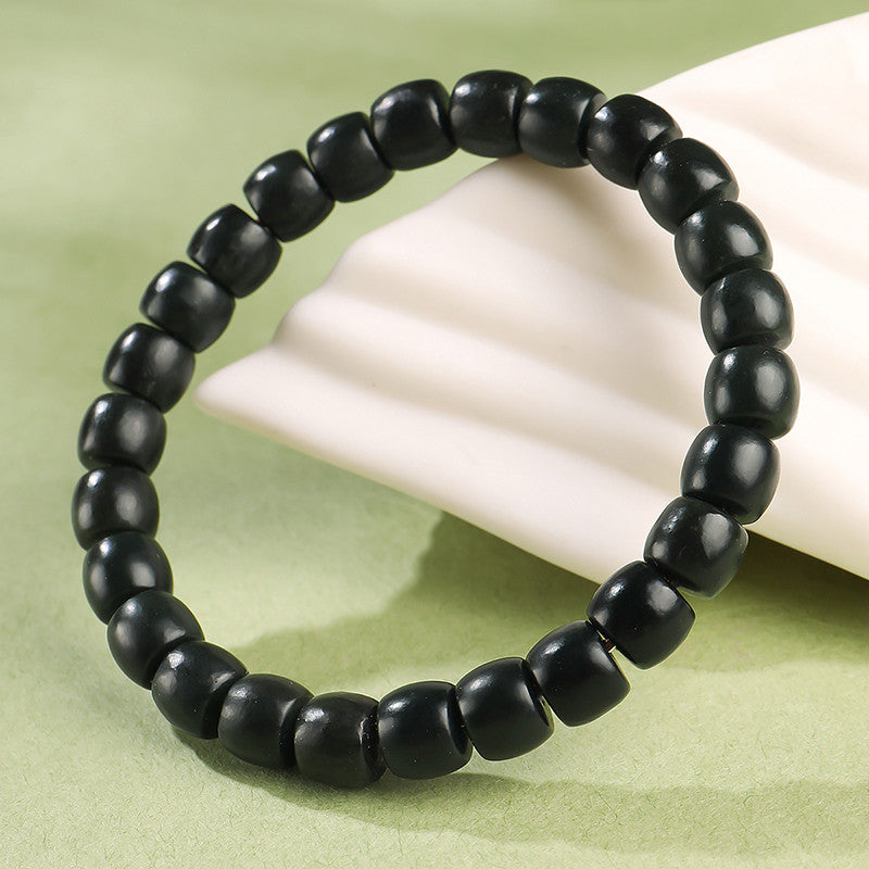 Dark Green Hetian Jade Straight Cut Old-type Bead Bracelet, Unisex Single Loop Beaded Bracelet