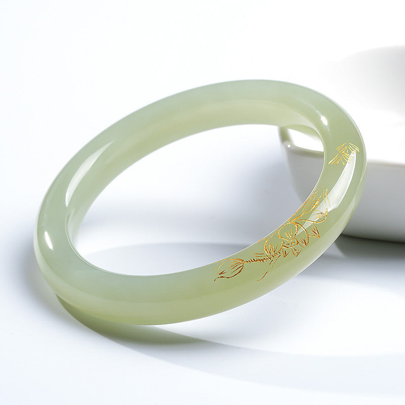 [Unique Piece] Women's Hetian Jade Bangle with Line Carving Craft, Gifts for Mom & Girlfriend, Multiple Styles Available
