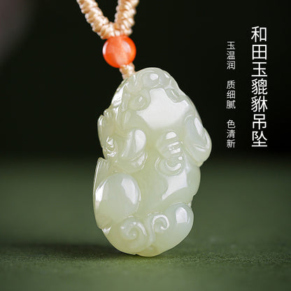 Light Green Hetian Jade Pixiu Pendant, Unisex Mythical Beast Jade Pendant for Men & Women