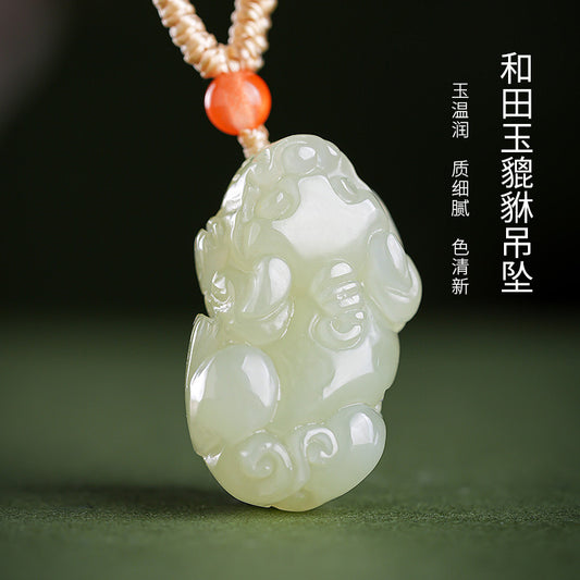 Light Green Hetian Jade Pixiu Pendant, Unisex Mythical Beast Jade Pendant for Men & Women
