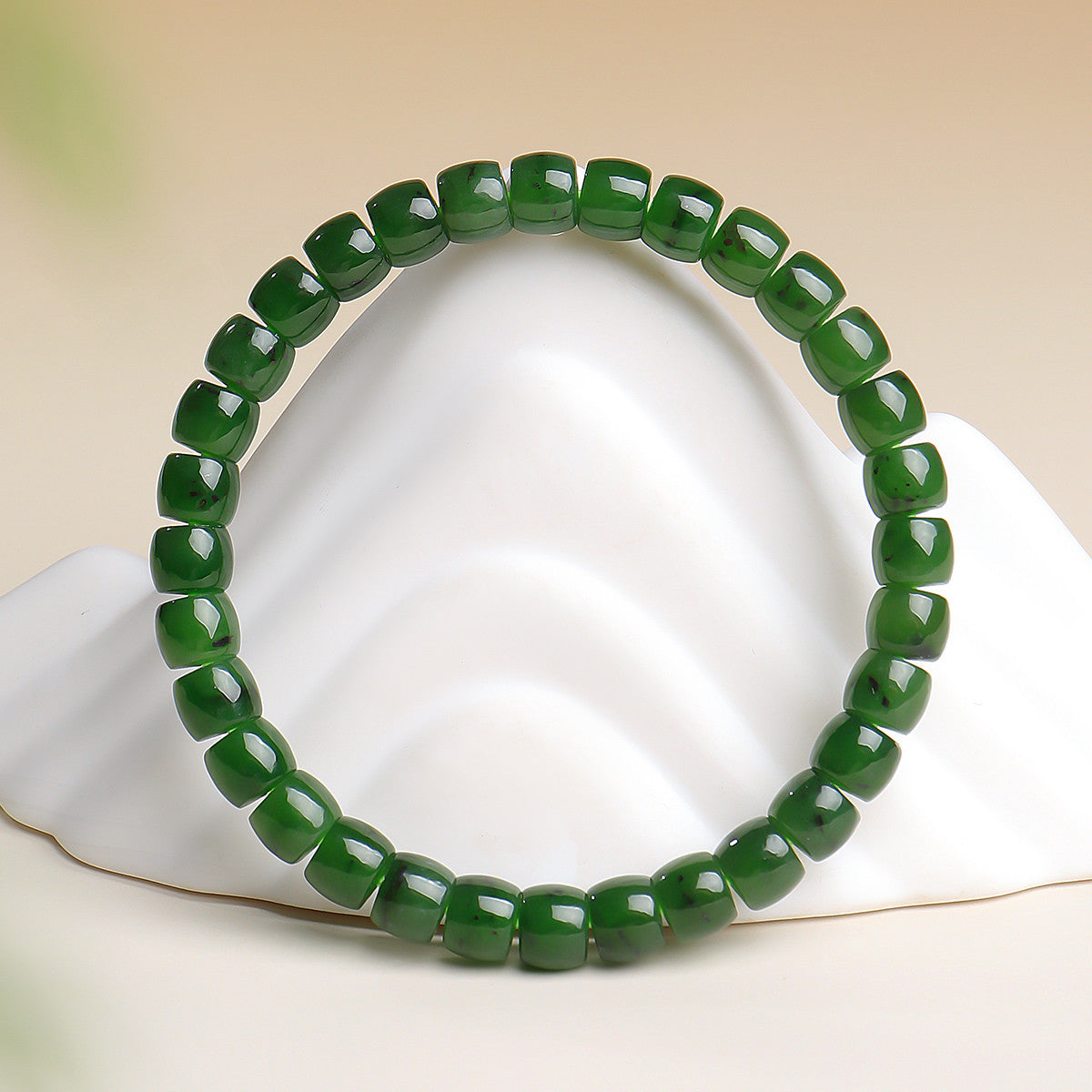 Hetian Jasper Single-loop Bracelet with Straight-cut Beads, Unisex Jade Bangle