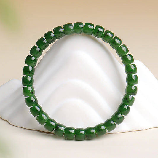 Hetian Jasper Single-loop Bracelet with Straight-cut Beads, Unisex Jade Bangle