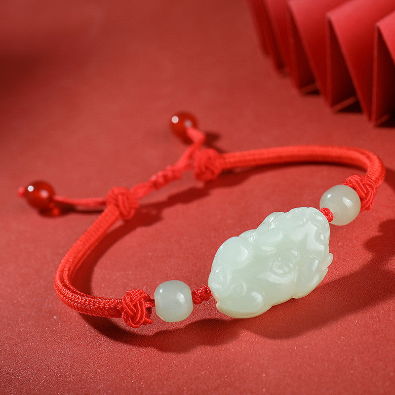 Pale Cyan Hetian Jade Pixiu Bracelet, Adjustable Couple Rope Bracelet, Birthday & Festival Gift for Men Women
