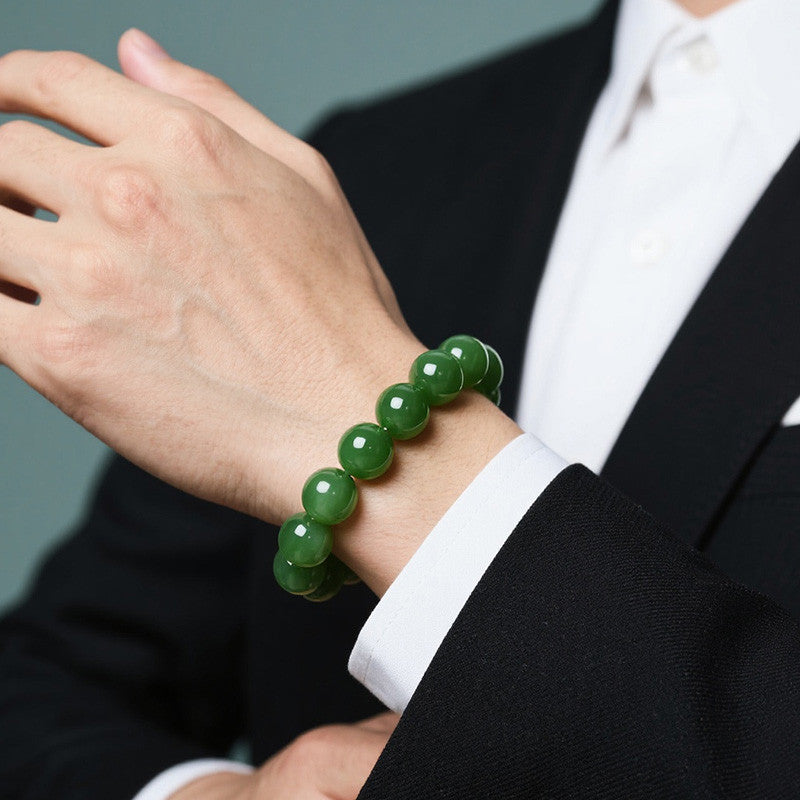 High-quality Hetian Jasper Bracelet, Slight Black Spinach Green Round Beads Jade Bangle, Festival Gift