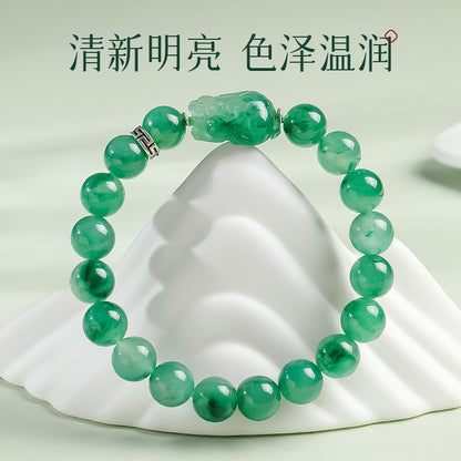 African Green Jade Bracelet, Unisex Floating Pattern Pixiu Beaded Bracelet, Ideal for Festival & Birthday Gift