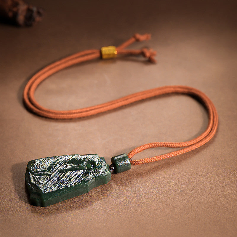 Antique Pattern Enlightenment Hetian Dark Green Jade Pendant, Retro Simple Jade Charm