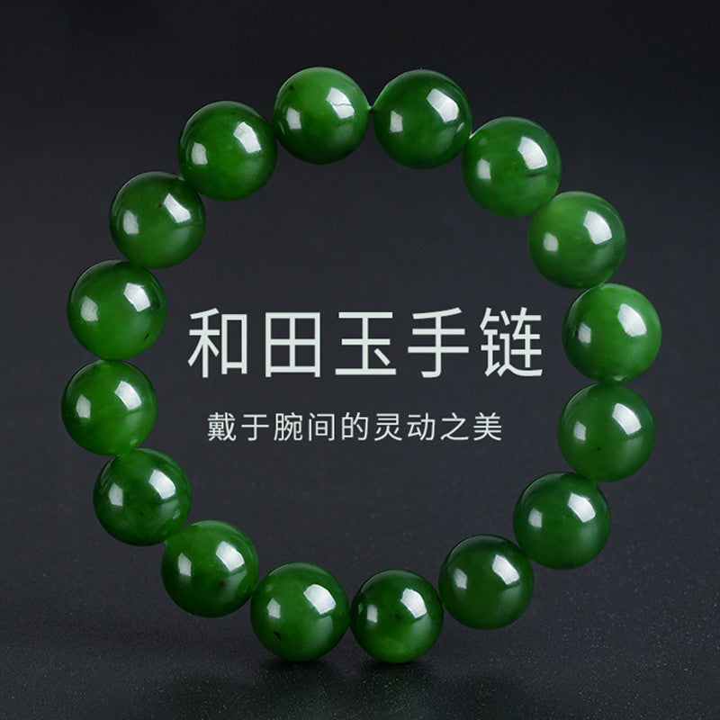 High-quality Hetian Jasper Bracelet, Slight Black Spinach Green Round Beads Jade Bangle, Festival Gift