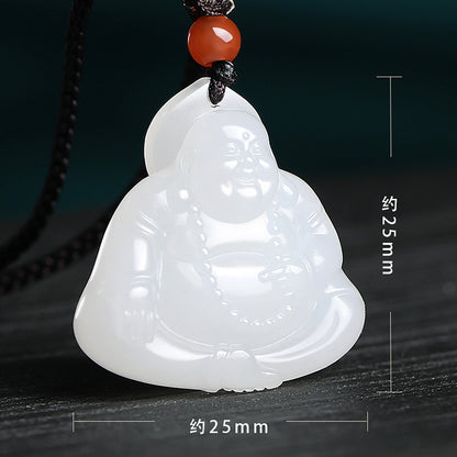White Hetian Jade Buddha Pendant, Unisex Laughing Maitreya Buddha Jade Ornament
