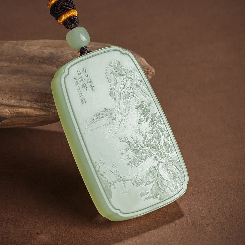 Master's Unique Piece | Hand Line-Carved Landscape Hetian Jade Pendant, Light Cyan & White Jade for Men & Women