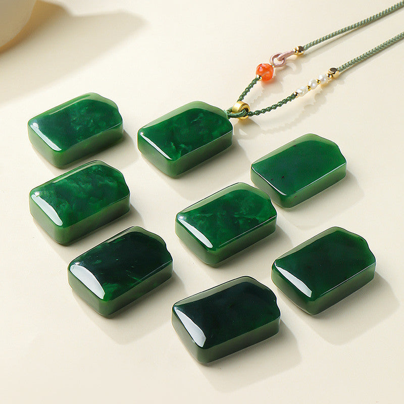 Spinach Green Hetian Jasper Plain Plaque Pendant for Women, No-Carve Peace Jade Holiday Gift
