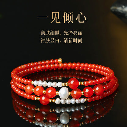 Lucky Red Agate Bracelet, Mini Bead & Rolling Bead Bangle-style Multi-loop Bracelet for Women, Festival Gift for Girlfriend