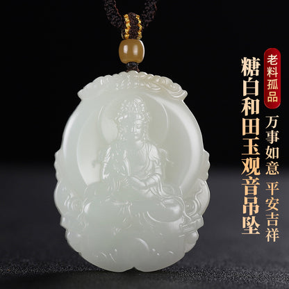 Russian Sugar Material Hetian Jade Guanyin Pendant, Exquisite Jade Charm for Men, Auspicious Religious Ornament, With Certificate & Collectible Value