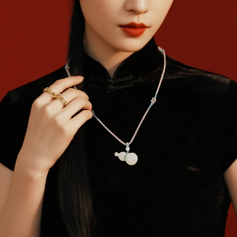 Tang Style Eight Auspicious Series Hetian Jade Fire Refuge Bead & Gourd Pendant, Blessing Ornament