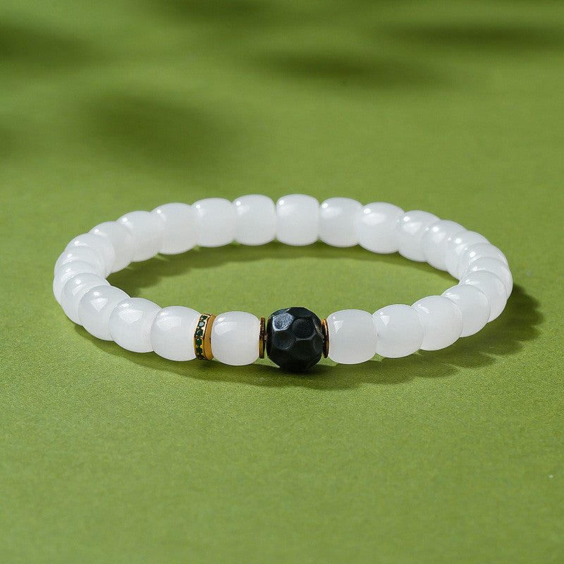 Custom-made White Hetian Jade Straight-cut Plain Bead Bracelet, Unisex Single-loop Jade Bangle