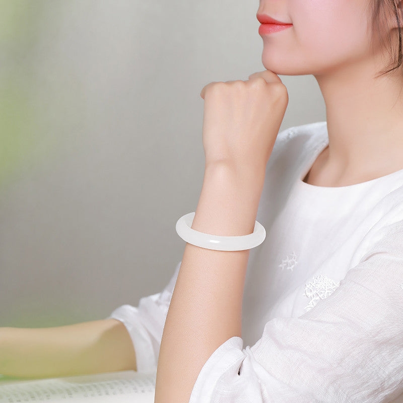 Women's Hetian White Jade Bangle, Moist White Round Jade Bracelet, With Certificate
