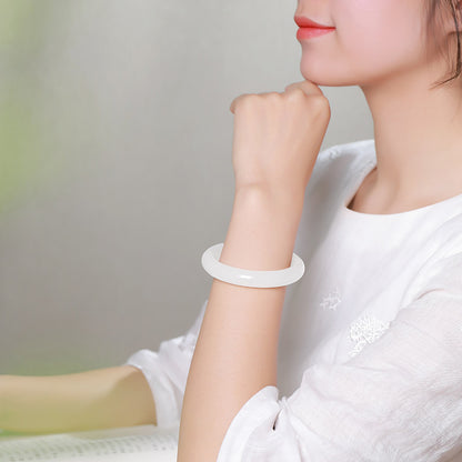 Women's Hetian White Jade Bangle, Moist White Round Jade Bracelet, With Certificate