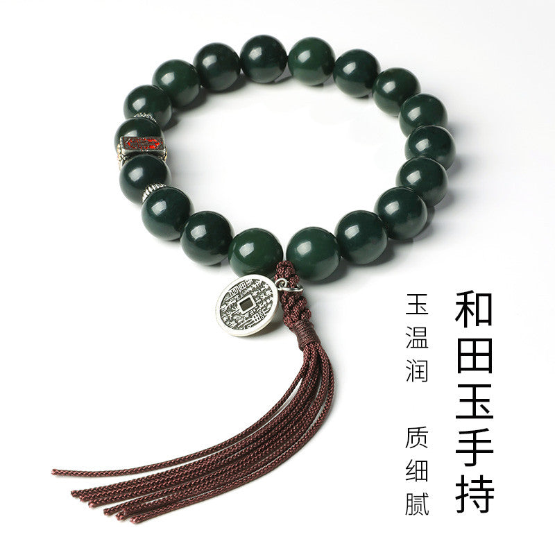 Unisex Green Hetian Jade Bracelet & Hand String with Mountain Ghost Coin, Festival Gift
