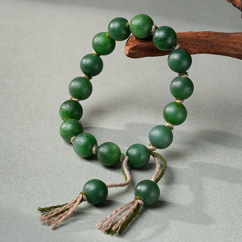 Antique Style Hetian Jasper Round Bead Bracelet, Unisex Single-loop Jade Bangle, Festival Gift