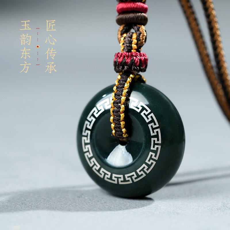 Hetian Jade Safety Buckle Pendant, Craft Heritage Series, Intangible Cultural Heritage Gold-Silver Inlay Technique, Swastika Pattern, Auspicious & Safe Ornament