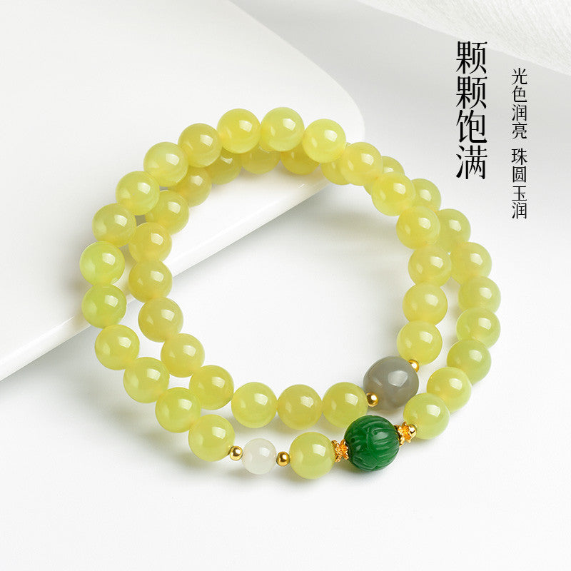 Yellow Mouth Hetian Jade Round Bead Multi-color Double-loop Bracelet for Women