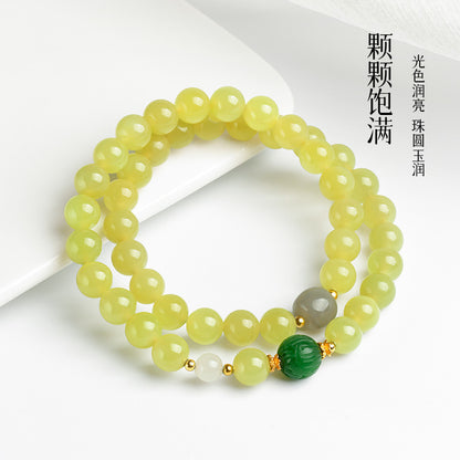 Yellow Mouth Hetian Jade Round Bead Multi-color Double-loop Bracelet for Women