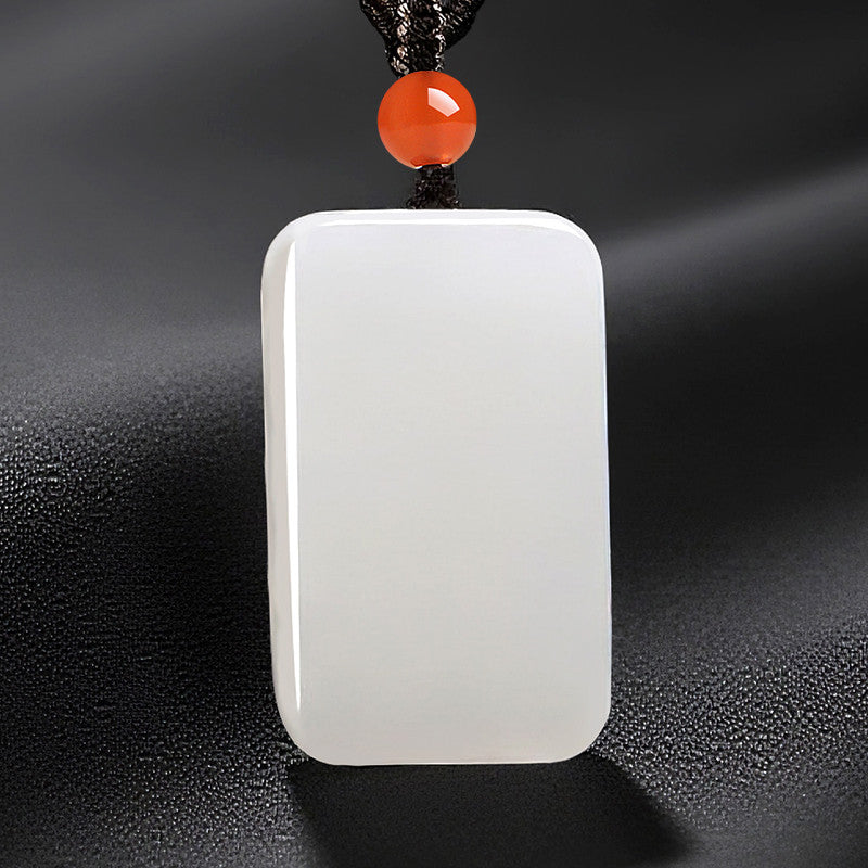 Peace & Blessing Hetian White Jade Plain Plaque Pendant, Unisex Jade Charm with Cord, Ideal Gift, With Certificate & Collectible Value