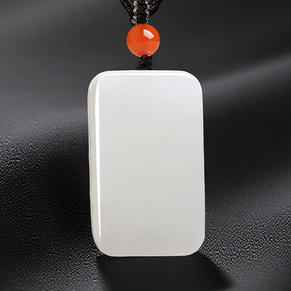 Peace & Blessing Hetian White Jade Plain Plaque Pendant, Unisex Jade Charm with Cord, Ideal Gift, With Certificate & Collectible Value