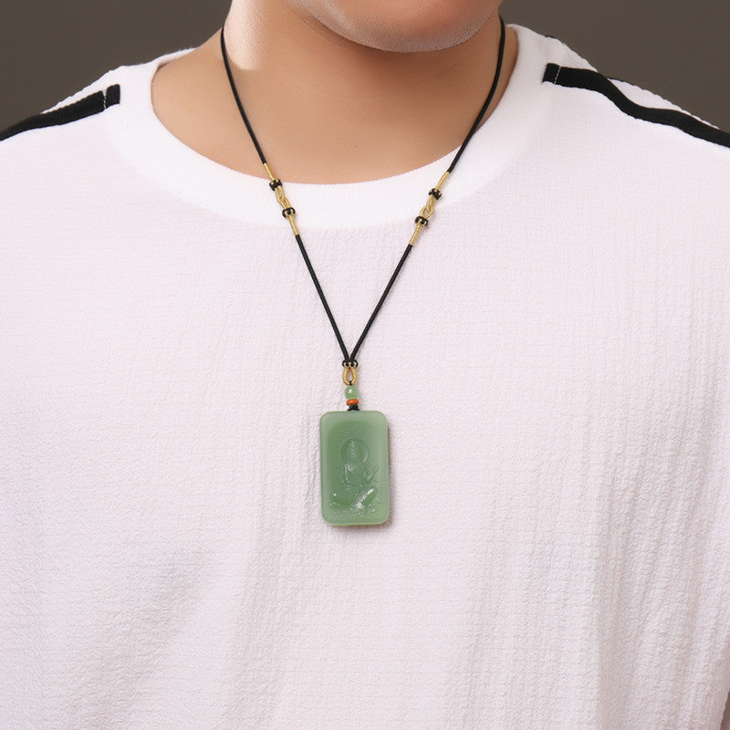 Men's Hetian Pale Cyan Jade Pendant, Double-Sided Carved Guanyin Jade Charm