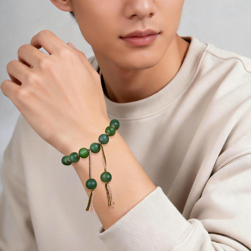 Antique Style Hetian Jasper Round Bead Bracelet, Unisex Single-loop Jade Bangle, Festival Gift