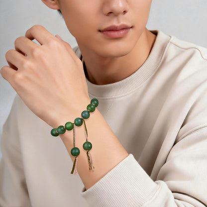 Antique Style Hetian Jasper Round Bead Bracelet, Unisex Single-loop Jade Bangle, Festival Gift