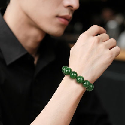 High-quality Spinach Green Hetian Jasper Bracelet, Round Bead Single-loop Bangle