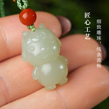 Pale Cyan & Clear Water Green Hetian Jade Zodiac Pendant, Cute Animal Design, Unisex Jade Ornament