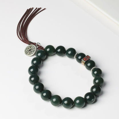 Unisex Green Hetian Jade Bracelet & Hand String with Mountain Ghost Coin, Festival Gift