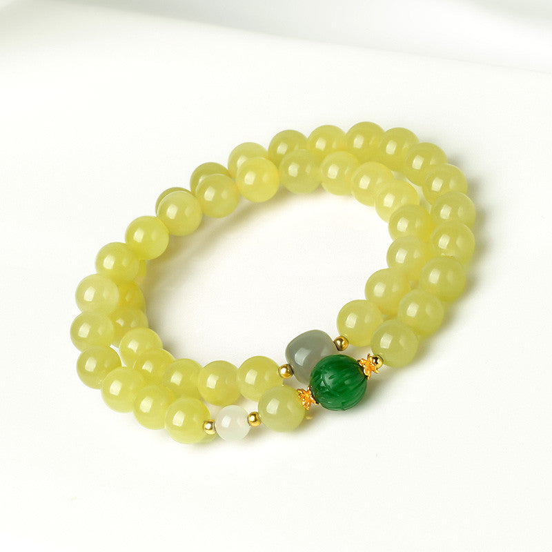 Yellow Mouth Hetian Jade Round Bead Multi-color Double-loop Bracelet for Women
