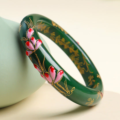 Blooming Splendor Hetian Jasper Bangle, Spinach Green Carved Bangle, Multiple Sizes Available