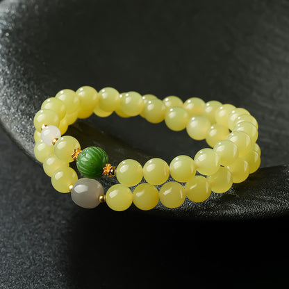 Glossy Hetian Yellow Jade Round Beads Multi-Gem Double-Layer Bracelet, Warm Tone Jewelry for Autumn & Winter