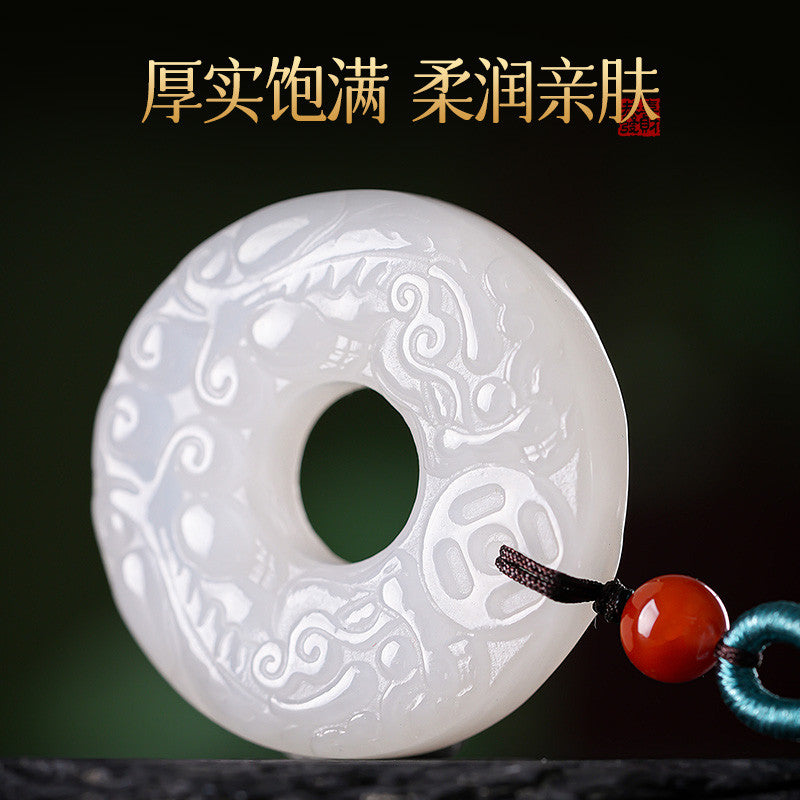 Unisex Hetian White Jade Pendant, Double-Sided Carved Pixiu & Safety Buckle Jade Charm